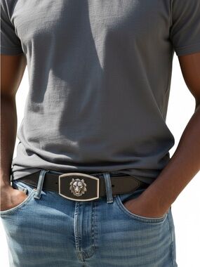 Vintage Lion black belt genuine leather/buckle belt silver black solid NWT Large